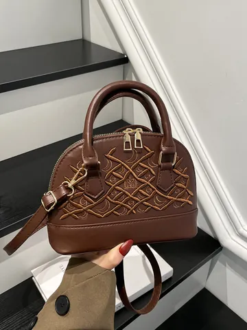 Vintage Stickerei PU Leder Muschel Handtasche Für Damen Koreanische Mode Lässig Schulter Umhängetasche Mit Goldenen Beschlägen