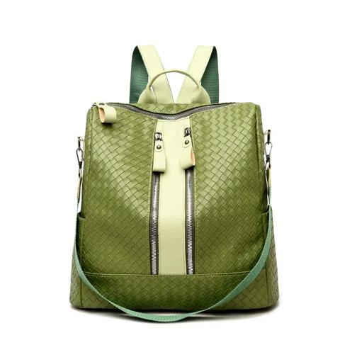 Fashion Damen Geflochtener PU Leder Rucksack Lässige Große Kapazität Reise Umhängetasche Doppel Vertikale Reißverschlüsse Schule Rucksack