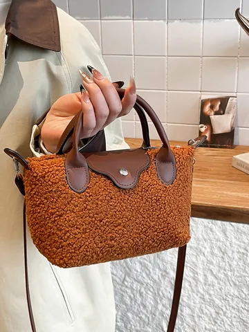 Damen Minimalistische Plüsch Teigtaschentasche Mode Fleece Handtasche Kunstleder Kontrastfarbe Umhängetasche Pendler Crossbody Tasche