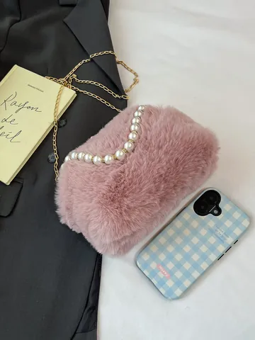 Damen Kunstpelz Plüsch Umhängetasche Muschelform Handtasche Mit Künstlicher Perle Goldkette Weich Sanft Elegant Abendtasche
