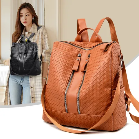 Fashion Damen Geflochtener PU Leder Rucksack Lässige Große Kapazität Reise Umhängetasche Doppel Vertikale Reißverschlüsse Schule Rucksack