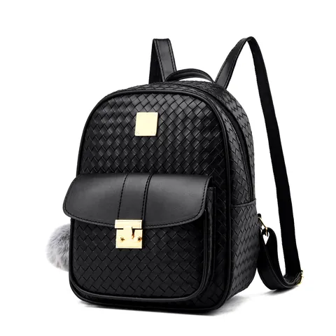 Mode Geflochten PU Leder Rucksack Für Damen Lässig Schultasche Mit Metallschloss Und Plüschball Anhänger Modern Stylischer Tagesrucksack
