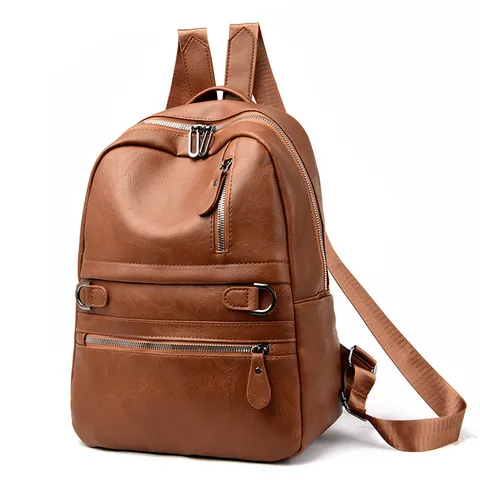 Damen Casual PU Leder Rucksack Große Kapazität Minimalistisch Einfarbig Multi Reißverschluss Reisetasche Student Schultasche