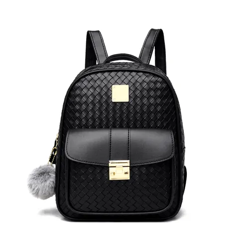 Mode Geflochten PU Leder Rucksack Für Damen Lässig Schultasche Mit Metallschloss Und Plüschball Anhänger Modern Stylischer Tagesrucksack