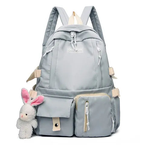 Nylon Große Kapazität Farbblock Schulrucksack Outdoor Reise Daypack Mit Hasenanhänger Für Teenager Herren Damen Studenten