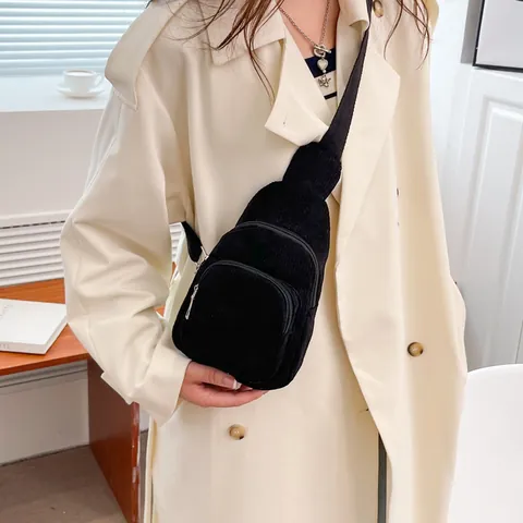 Corduroy Chest Bag For Women Retro Solid Color Waist Pack Multi Pocket Adjustable Strap Crossbody Bag
