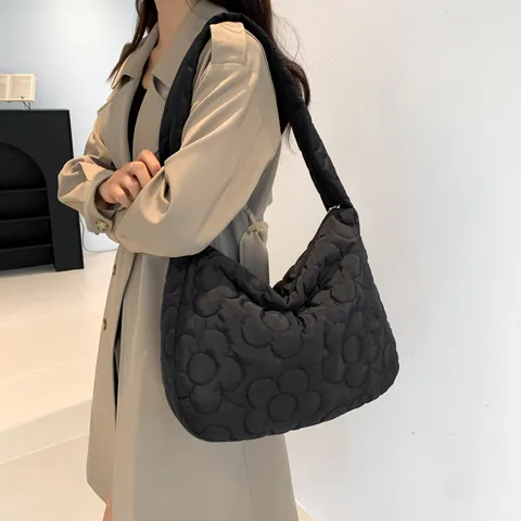 Damen Blumen Gesteppt Gepolstert Schultertasche Große Kapazität Baumwolle Wattiert Wolke Einkaufstasche Lässig Hobo Umhängetasche