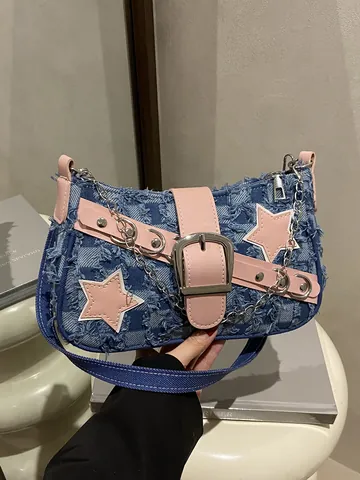 Γυναικεία Τσάντα Ώμου Y2K Denim Με Ροζ Αστέρι Αλυσίδα Μεταλλική Μεγάλη Πόρπη Retro Streetwear Τσάντα Χειρός Denim