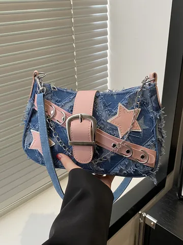 Γυναικεία Τσάντα Ώμου Y2K Denim Με Ροζ Αστέρι Αλυσίδα Μεταλλική Μεγάλη Πόρπη Retro Streetwear Τσάντα Χειρός Denim