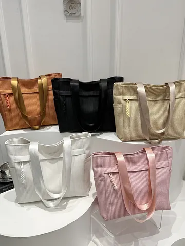 Damen Große Kapazität Webstruktur Tragetasche Japanischer Stil Kord Schultertasche Schule Pendeln Lässige Handtasche Mit Web-Dekoration