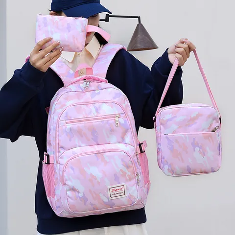 Nylon School Backpack Three Piece Set Geometric Camouflage Printed Waterproof Large Capacity Laptop Bag For Students