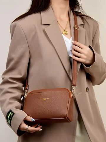 Damen Mode Lychee Textur PU Leder Umhängetasche Doppel Reißverschluss Große Kapazität Pendler Schultertasche Gold Hardware Kamera Tasche