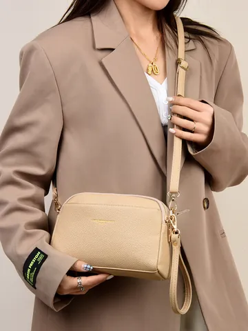 Damen Mode Lychee Textur PU Leder Umhängetasche Doppel Reißverschluss Große Kapazität Pendler Schultertasche Gold Hardware Kamera Tasche
