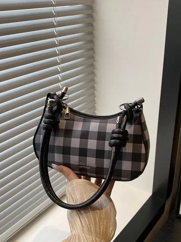 Damen Mode Schachbrett Achseltasche PU Kunstleder Schultertasche Mit Knotengriff Trendige Handtasche Umhängetasche Für Den Alltag