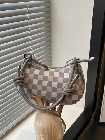 Damen Mode Schachbrett Achseltasche PU Kunstleder Schultertasche Mit Knotengriff Trendige Handtasche Umhängetasche Für Den Alltag