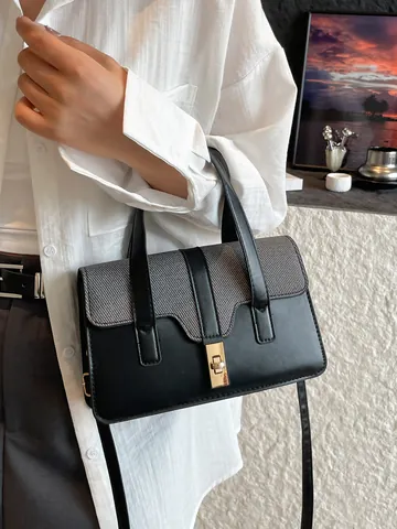 Damen Urban Minimalistisch PU Leder Webstruktur Patchwork Schultertasche Mode Einfarbig Handtasche Mit Gold Metallschloss Lässige Umhängetasche