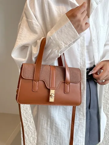 Damen Urban Minimalistisch PU Leder Webstruktur Patchwork Schultertasche Mode Einfarbig Handtasche Mit Gold Metallschloss Lässige Umhängetasche