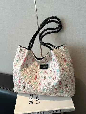 Mode Cartoon Bär Druck Tote Tasche Große Kapazität Umhängetasche Mit Blasenstruktur Stoff Und Geflochtenen Griffen Handtasche