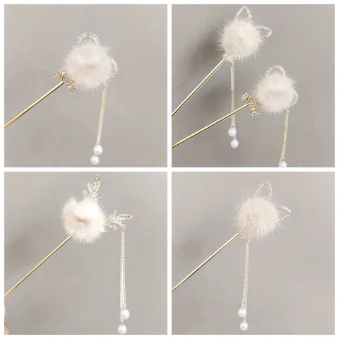 Grazioso Bastoncino per Capelli in Lega con Pompon e Nappe Strass Gatto Cervo Orecchio Forcina Vintage Accessori Capelli Donna