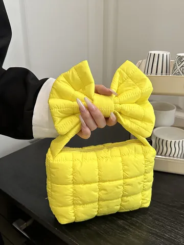 Koreanischer Stil Puffer Gesteppte Handtasche Mit Großer Schleife Modische Nylon Gitter Cloud Bag Leichte Clutch Für Damen