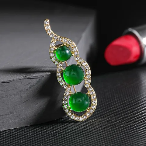 Broche de Vaina de Guisante Elegante Para Mujeres Chapado en Oro Aleación Cuenta Verde Strass Incrustado Botánico Floral Accesorio de Traje Abrigo Regalo