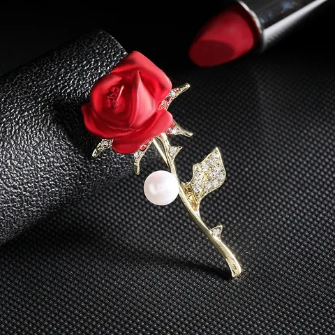 Elegant Red Rose Brooch With Imitation Artificial Pearl And Rhinestones Vintage Alloy Flower Corsage For Women Suit Coat Accessories