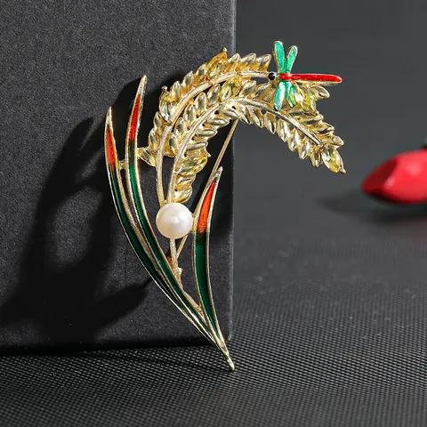 Elegante Broche de Libélula de Espiga de Trigo Dorado Con Zirconia Perla Artificial Esmalte Incrustado Para Mujer Abrigo Traje Vestido Joyería Regalo
