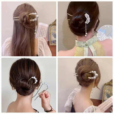 Vintage Elegant Alloy U-Shaped Hair Stick With Pearl Tassel Retro Wedding Party Hair Fork Jewelry For Women Gold Silver