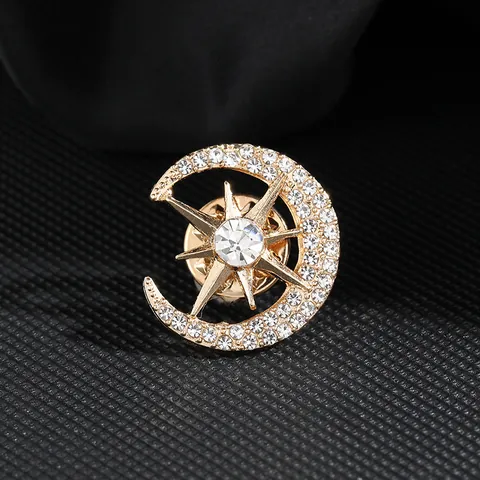 Elegante Broche de Estrella y Luna Aleación de Zinc Diamante de Imitación Pin de Solapa Accesorio de Ropa para Mujer Joyería