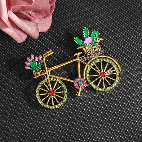 Broche de Bicicleta Vintage Aleación de Zinc Esmalte Cesta de Flores Diamante de Imitación para Hombres Mujeres Joyería