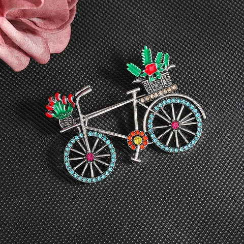 Vintage Alloy Bicycle Brooch Rhinestone Enamel Floral Bike Brooch Pin Retro Fashion Clothing Accessory Jewelry For Women Men