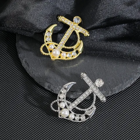 Vintage Nautical Anchor Brooch With Rhinestone And Imitation Artificial Pearl Zinc Alloy Navy Style Suit Pin Jewelry Gift For Women