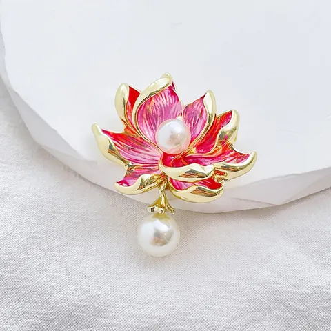 Broche De Flor De Loto De Estilo Chino Vintage Aleación De Zinc Esmalte Con Perla Incrustada Elegante Alfiler Mujer Joyería