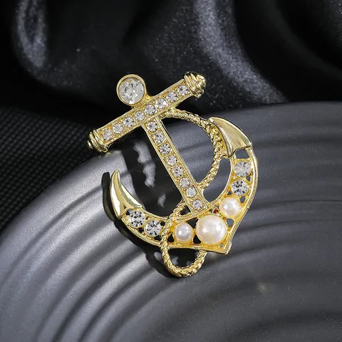 Vintage Nautical Anchor Brooch With Rhinestone And Imitation Artificial Pearl Zinc Alloy Navy Style Suit Pin Jewelry Gift For Women