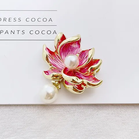 Broche De Flor De Loto De Estilo Chino Vintage Aleación De Zinc Esmalte Con Perla Incrustada Elegante Alfiler Mujer Joyería