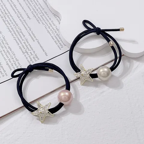 Korean Starfish Artificial Pearl Hair Tie Shiny Zircon Elastic Hair Band High Stretch Ponytail Holder Jewelry Accessory For Women Girls