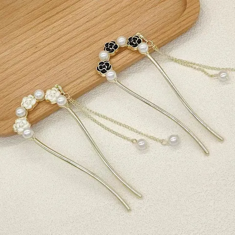 Vintage Kamelie Blume Künstliche Perle Quaste U-Förmige Haargabel Legierung Emaille Elegant Hochzeit Party Haarnadel Damen Schmuck