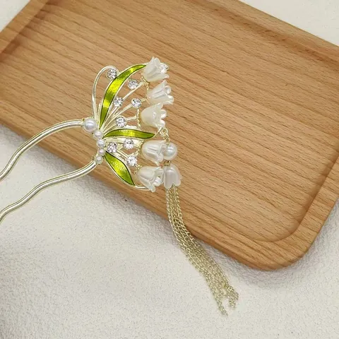 Palillo para el Cabello Retro Lirio de los Valles Forma U Con Borla Larga Oro Aleación Strass Perla Artificial para Hanfu Mujer Joyas