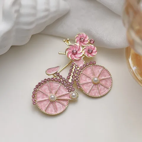Fashion Pink Bicycle Flower Brooch Pin For Women Alloy Rhinestone Faux Artificial Pearl Enamel Drip Oil Decorative Accessory Jewelry