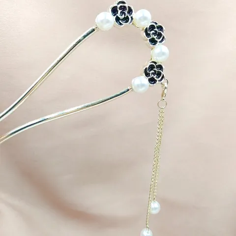 Vintage Kamelie Blume Künstliche Perle Quaste U-Förmige Haargabel Legierung Emaille Elegant Hochzeit Party Haarnadel Damen Schmuck