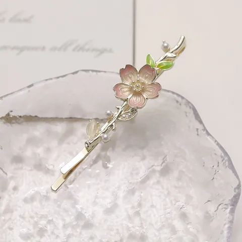 Sweet Pink Cherry Blossom Hair Clip With Imitation Artificial Pearl Enamel Flower Bobby Pin Zinc Alloy Floral Hair Jewelry For Women