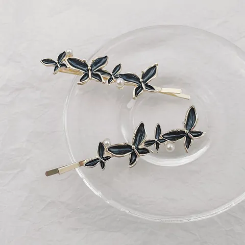 Elegant Butterfly Bobby Pin Gold Plated Alloy Hair Clip With Black Enamel And Imitation Artificial Pearl For Women Hair Accessories
