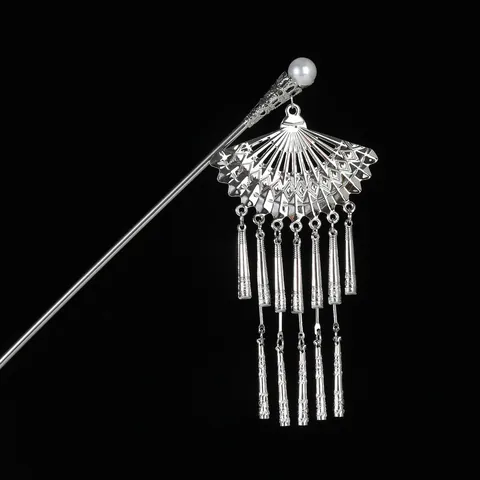Vintage Alloy Fan Shaped Hair Stick With Long Metal Tassels And Faux Pearl Chinese Style Hair Pin For Women Hanfu Jewelry