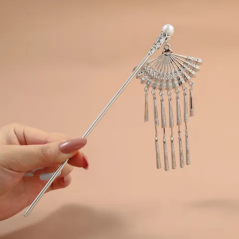 Vintage Alloy Fan Shaped Hair Stick With Long Metal Tassels And Faux Pearl Chinese Style Hair Pin For Women Hanfu Jewelry