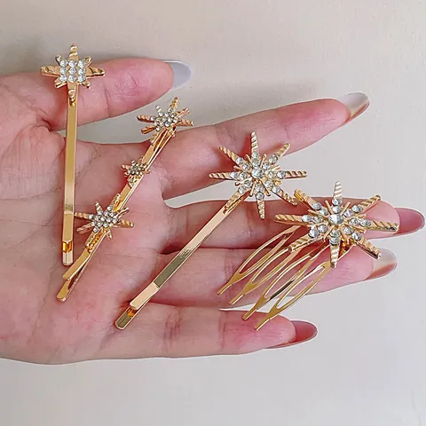 Set di Fermagli per Capelli con Strass a Stella a Otto Punte Oro Argento Lega Forcina Pettine per Capelli Donna Festa Matrimonio