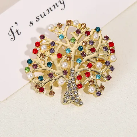 Broche de Árbol de la Fortuna de Moda para Mujer Strass Colorido Perla de Imitación Aleación Chapado en Oro Joyería