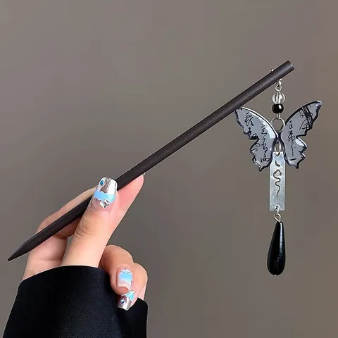 Chinese Vintage Ebony Wood Hair Stick With Tassel Alloy Butterfly Flower Hairpin For Women Hanfu Qipao Hair Accessories