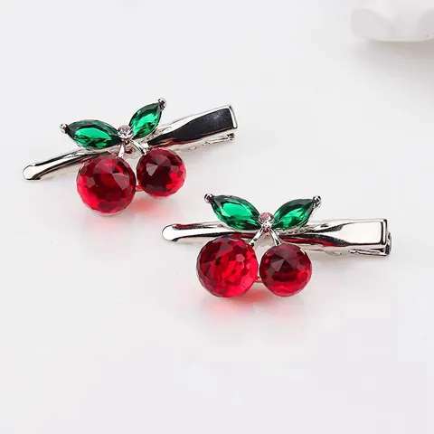 Sweet Elegant Crystal Cherry Hairpin Hair Tie Duckbill Clip Bobby Pin Zinc Alloy Fruit Theme Women Girl Hair Accessories
