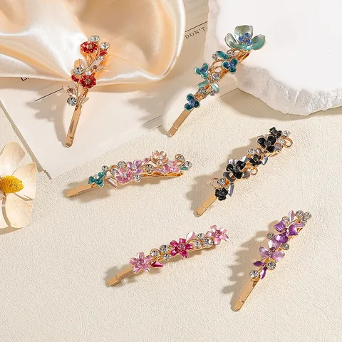 Vintage Alloy Floral Hair Clips For Women Elegant Enamel Flower Bobby Pins Rhinestone Hair Barrettes Jewelry Hair Styling