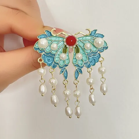 Vintage Chinese Style Butterfly Tassel Brooch With Blue Enamel And Faux Artificial Pearls For Women Hanfu Cheongsam Clothing Accessories